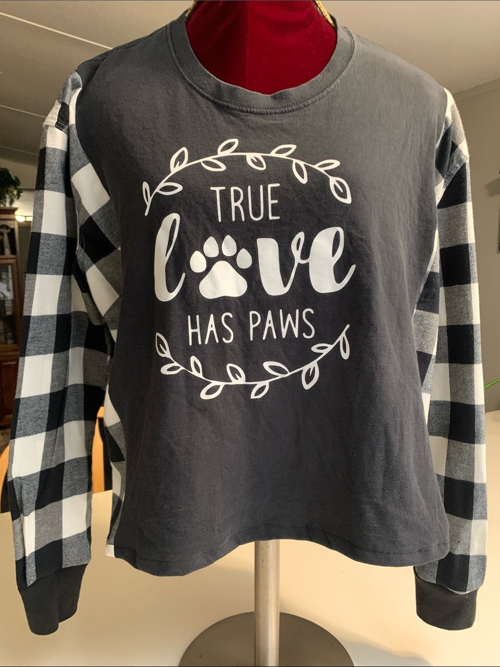Upcycled  Black Graphic Tee with Black & White Plaid Sleeves